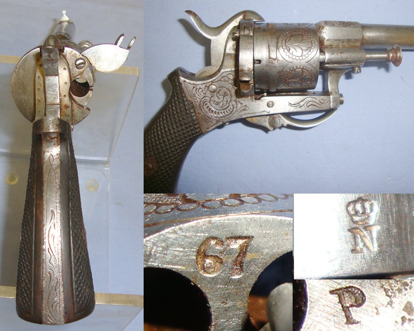 C1870 Clamshell Hard Cased Belgian Liege 9mm Pin Fire Obsolete Calibre 6 Shot Double Action Only Revolver With Ornate Tooled Decoration, Folding Trigger, Captive Swivel Extractor Rod. Sn 21393:4 9mm Revolver
