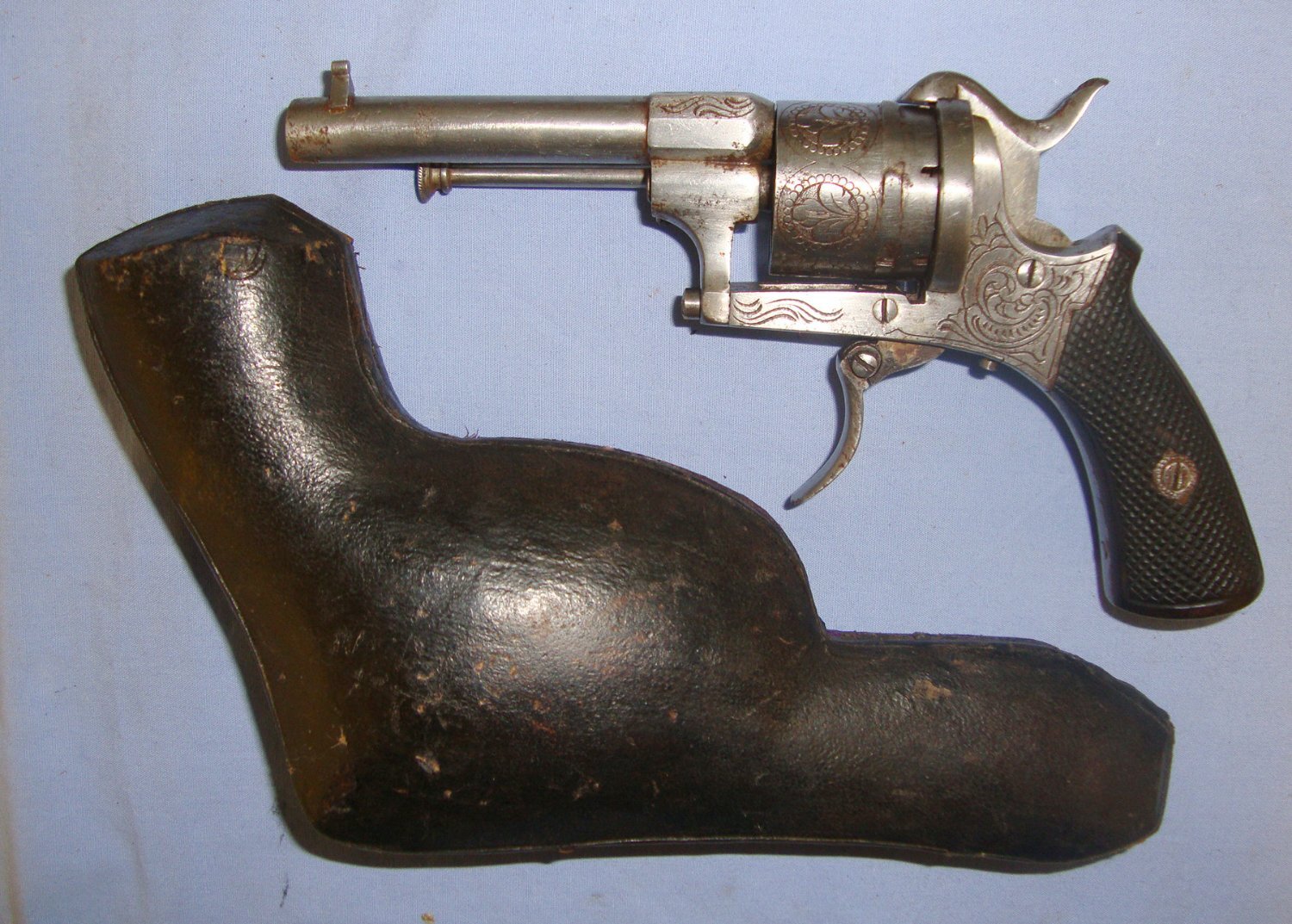 C1870 Clamshell Hard Cased Belgian Liege 9mm Pin Fire Obsolete Calibre 6 Shot Double Action Only Revolver With Ornate Tooled Decoration, Folding Trigger, Captive Swivel Extractor Rod. Sn 21393:4 9mm Revolver