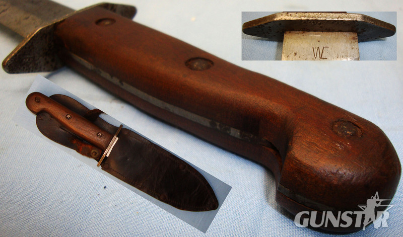 WWII Australian Wooden Gripped Combat Knife and Leather sheath. ED 2619. Knive