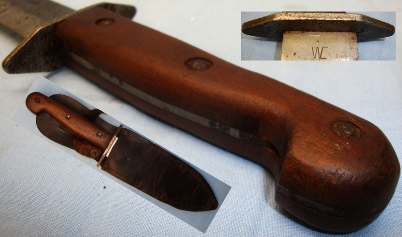 WWII Australian Wooden Gripped Combat Knife and Leather sheath. ED 2619. Knive