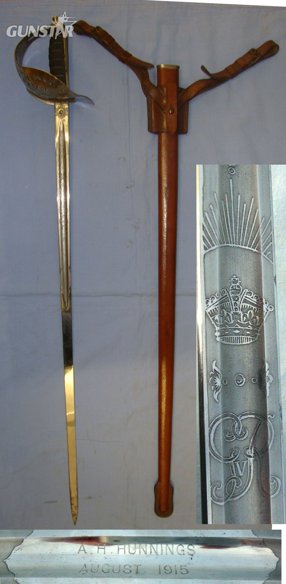 NAMED**British WW1 August 1915 Dated George V 1897 Pattern British Infantry Officer\'s Sword By Deakin & Sons Sheffield With Etched Blade to ‘A.H. Hunnings’ & Leather Field Combat Covered Wood Scabbard With Sam Browne Pattern Leather Sword Frog Sn 223 Sword in 