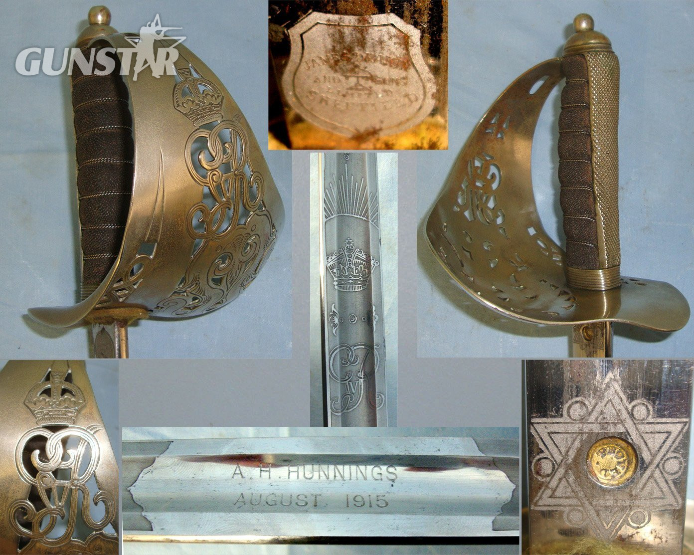 NAMED**British WW1 August 1915 Dated George V 1897 Pattern British Infantry Officer\'s Sword By Deakin & Sons Sheffield With Etched Blade to ‘A.H. Hunnings’ & Leather Field Combat Covered Wood Scabbard With Sam Browne Pattern Leather Sword Frog Sn 223 Sword