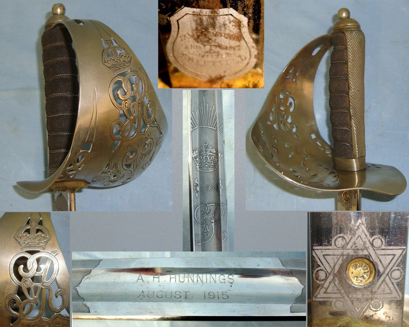 NAMED**British WW1 August 1915 Dated George V 1897 Pattern British Infantry Officer\'s Sword By Deakin & Sons Sheffield With Etched Blade to ‘A.H. Hunnings’ & Leather Field Combat Covered Wood Scabbard With Sam Browne Pattern Leather Sword Frog Sn 223 Sword
