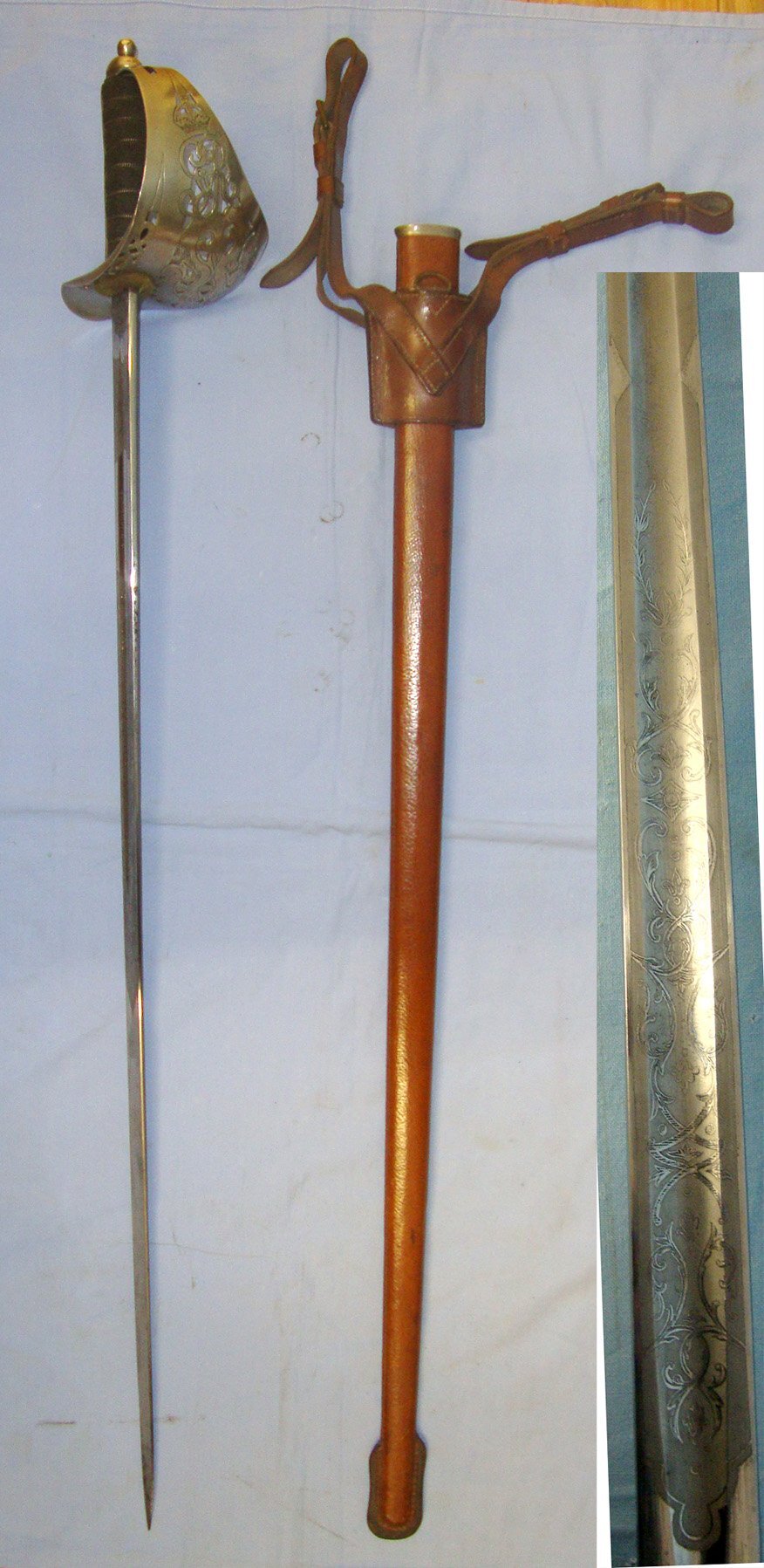  NAMED**British WW1 August 1915 Dated George V 1897 Pattern British Infantry Officer\'s Sword By Deakin & Sons Sheffield With Etched Blade to ‘A.H. Hunnings’ & Leather Field Combat Covered Wood Scabbard With Sam Browne Pattern Leather Sword Frog Sn 223 Sword