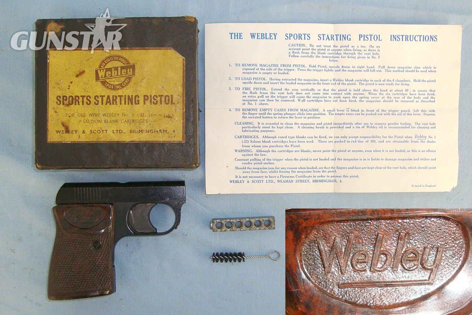 Boxed Blank Firing 1950’s Webley .22 (6mm) Blank Calibre ‘Sports Starting Pistol’ With Original 6 Round Magazine, Cleaning Brush & Illustrated Instruction Leaflet. Sn 23380 blank firer .22 Semi Auto
