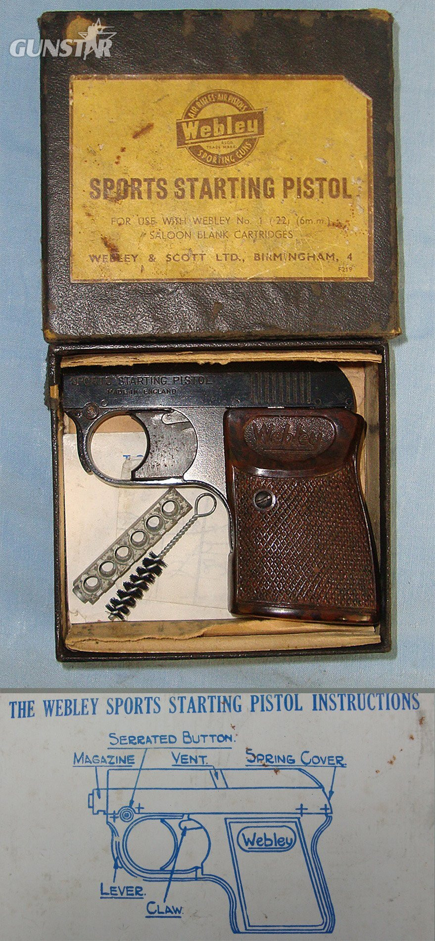  Boxed Blank Firing 1950’s Webley .22 (6mm) Blank Calibre ‘Sports Starting Pistol’ With Original 6 Round Magazine, Cleaning Brush & Illustrated Instruction Leaflet. Sn 23380 blank firer .22 Semi Auto