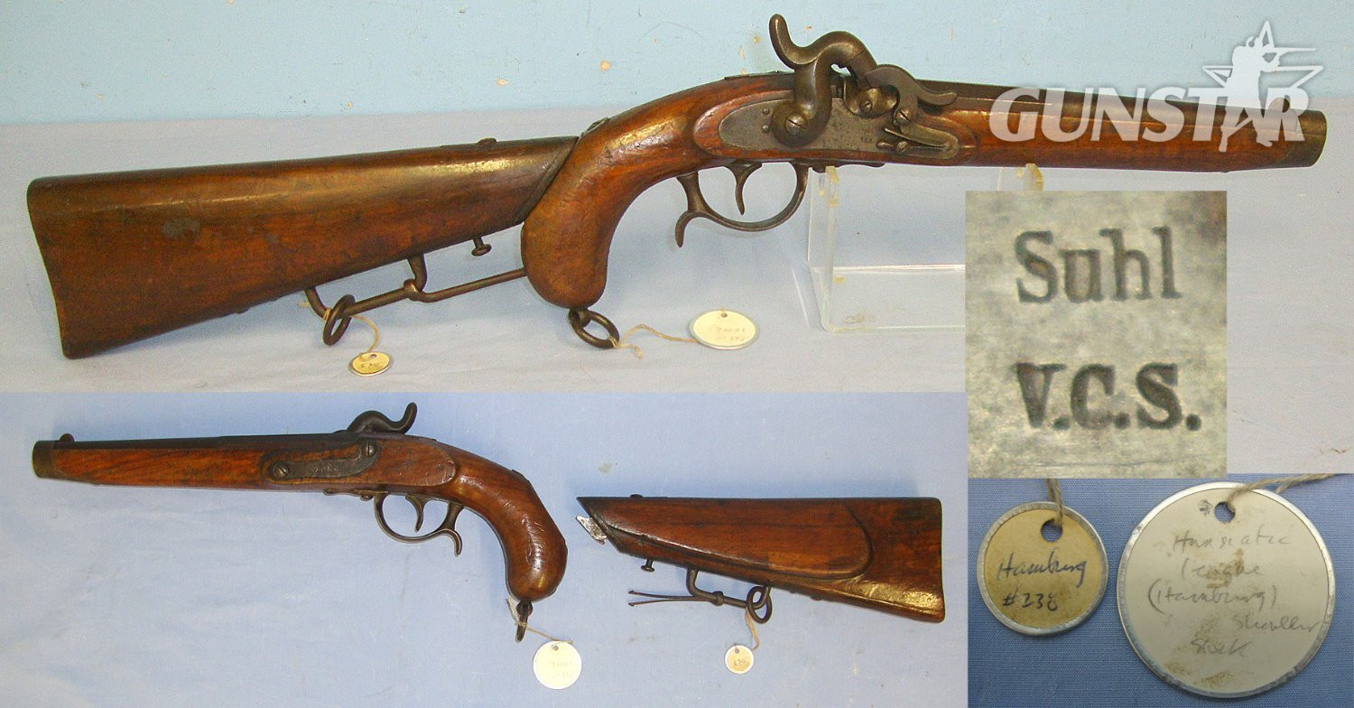 RARE**1855 Imperial German Suhl VCS (Hamburg Probably For The Hanseatic League) Uhlan Cavalry 28 Bore Convertible Percussion Combination Pistol Carbine With Saddle Bar & Rings & Original Removable Shoulder Stock  Gun Number 576 Brooker Collection Sn 23128 None Muzzleloader in 