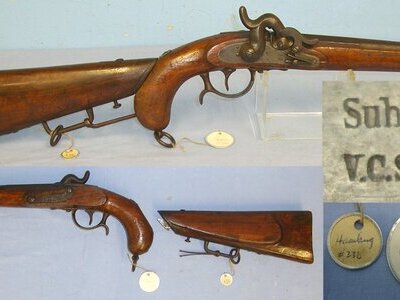 RARE**1855 Imperial German Suhl VCS (Hamburg Probably For The Hanseatic League) Uhlan Cavalry 28 Bore Convertible Percussion Combination Pistol Carbine With Saddle Bar & Rings & Original Removable Shoulder Stock  Gun Number 576 Brooker Collection Sn 23128 None Muzzleloader
