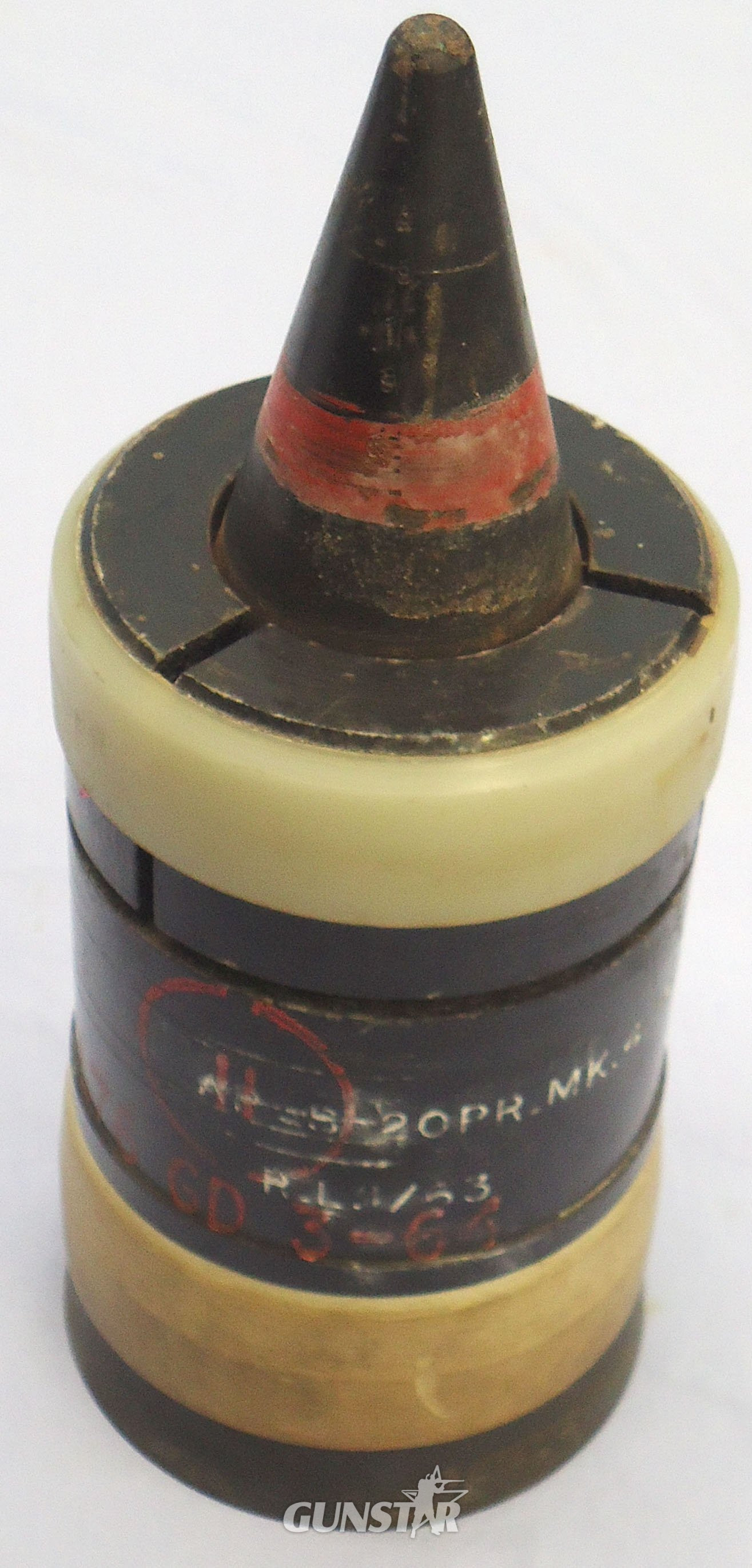 INERT DEACTIVATED. Unfired British 20pr Mark 4 APDS/T (Armour Piercing Discarding Sabot/Trace) Petal Sabot Projectile. - O 2278 INERT DEACTIVATED. Unfired British 20pr Mark 4 APDS/T (Armour Piercing Discarding Sabot/Trace) Petal Sabot Projectile. - O 2278  Other Ammunition - {CATEGORY} in 