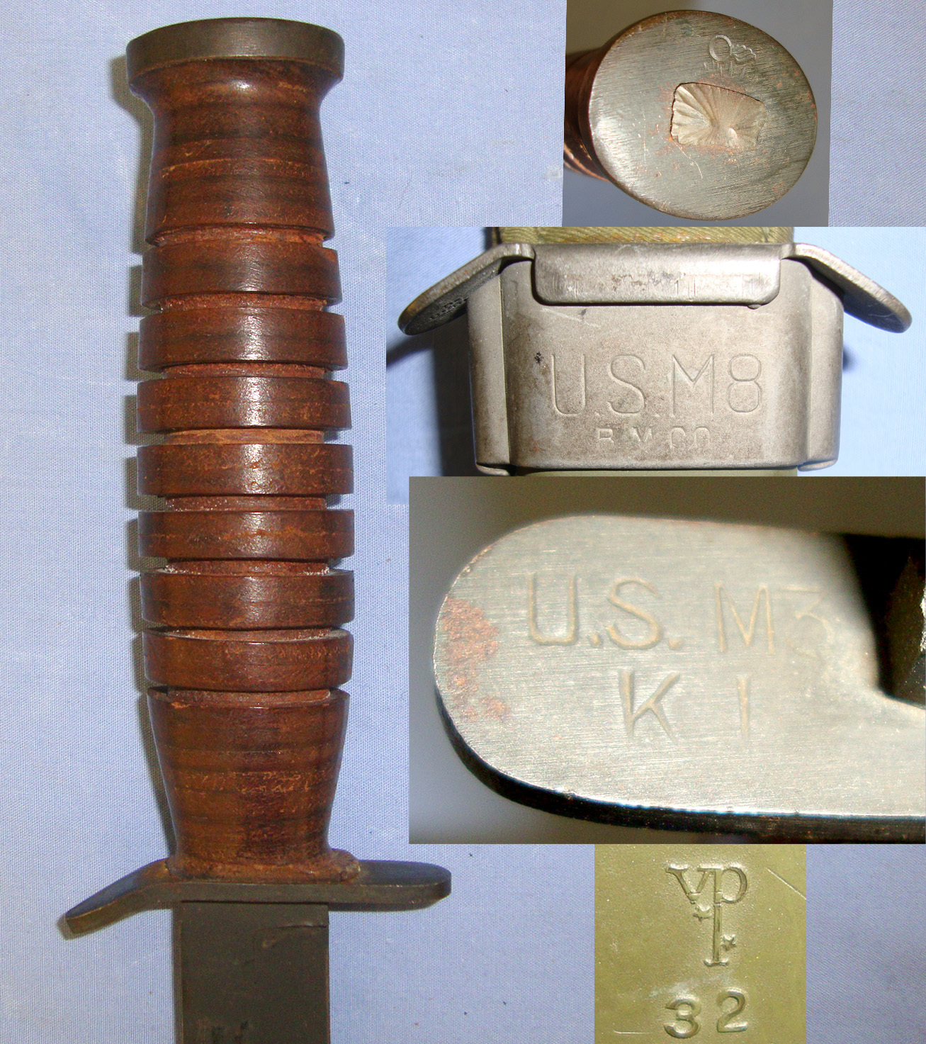 UN-ISSUED CONDITION**WW2 ‘KI’ (Kinfolks) M3 Fighting Knife & M8 Scabbard With Integral Frog By BM Co (Beckwith Manufacturing Company) & ‘VP’ (Victory Plastics) & Coiled Leather Thigh Cord. ED 889 Dagger