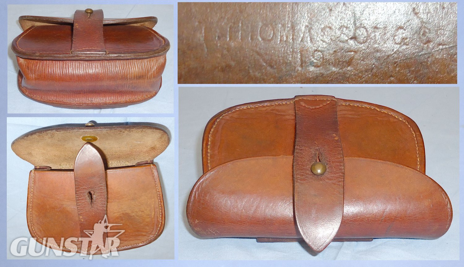 Original WWI Dated 1917 British Army Officer\'s Leather Sam Browne Ammunition Pouch by Manufacturer T. Thomasson & Co. L 347. Original WWI Dated 1917 British Army Officer's Leather Sam Browne Ammunition Pouch by Manufacturer T. Thomasson & Co. L 347.  Antique & Militaria