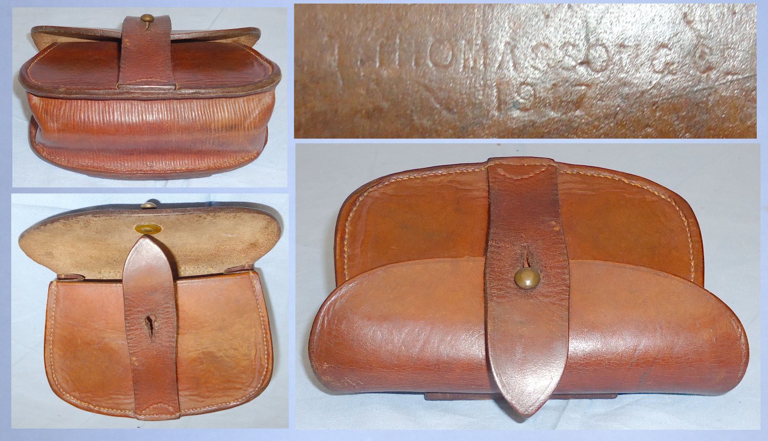 Original WWI Dated 1917 British Army Officer\'s Leather Sam Browne Ammunition Pouch by Manufacturer T. Thomasson & Co. L 347. Original WWI Dated 1917 British Army Officer's Leather Sam Browne Ammunition Pouch by Manufacturer T. Thomasson & Co. L 347.  Antique & Militaria