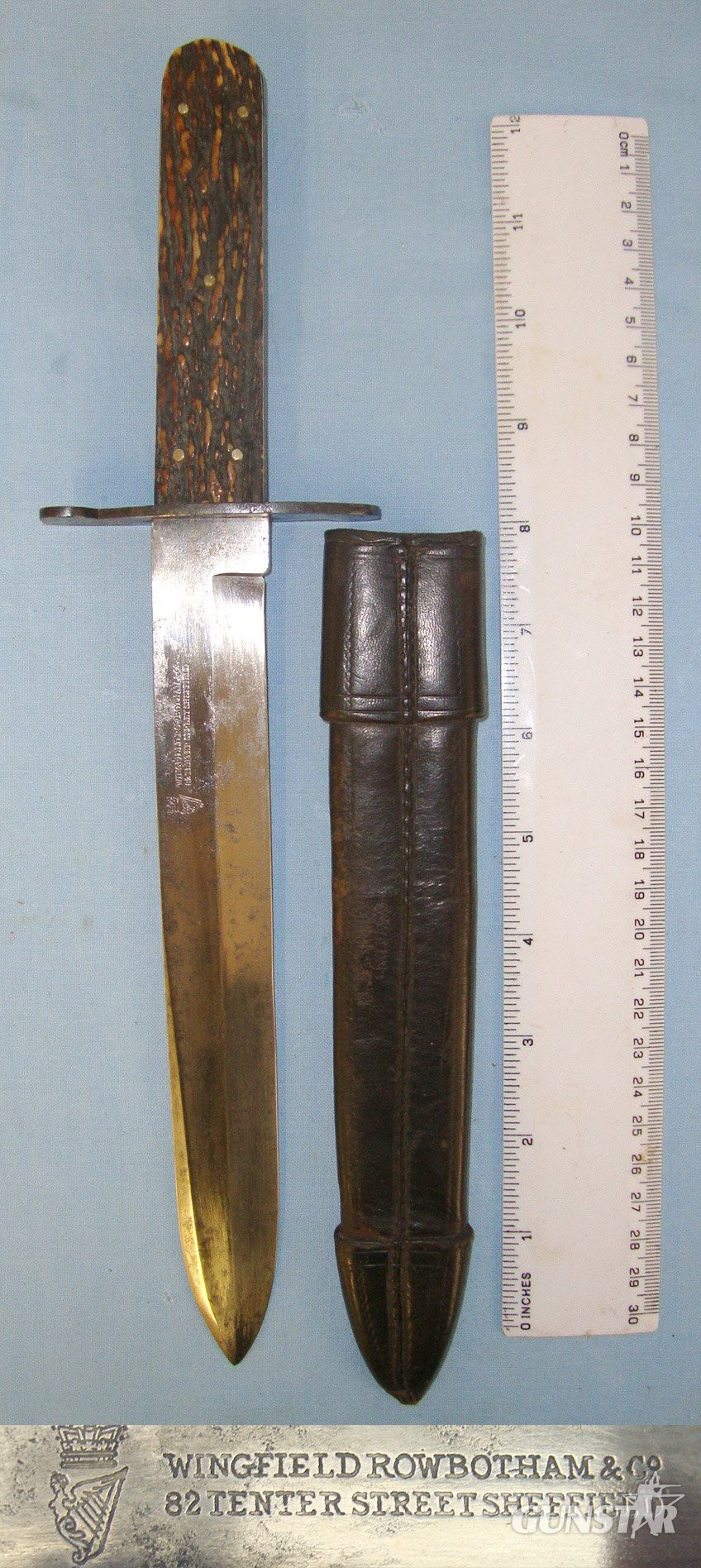 Post 1852 Victorian English Wingfield Rowbotham & Co Sheffield Spear Point Bowie Knife With Stag Antler Scales & Scabbard. Sn 21625 Knive