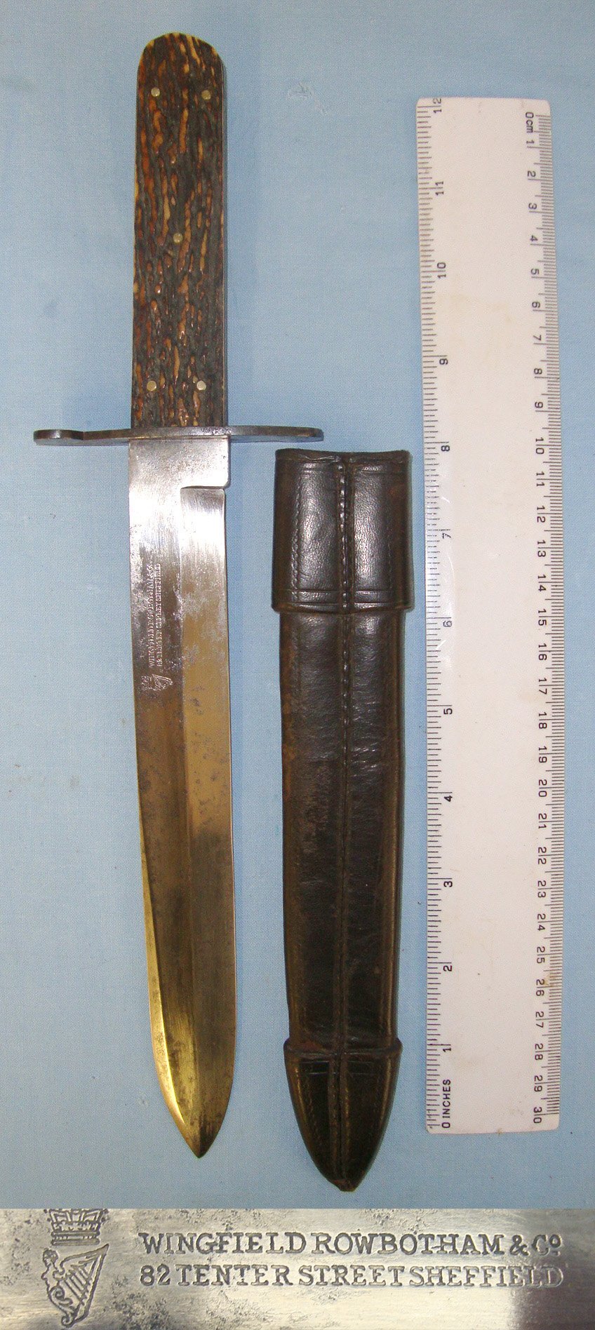 Post 1852 Victorian English Wingfield Rowbotham & Co Sheffield Spear Point Bowie Knife With Stag Antler Scales & Scabbard. Sn 21625 Knive