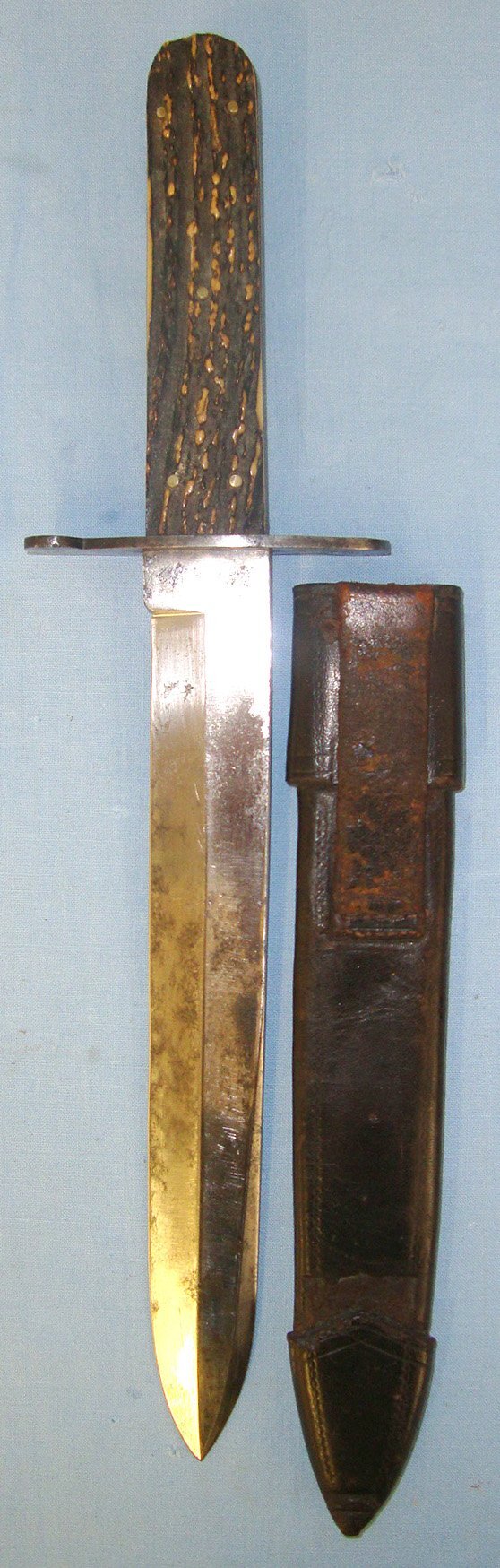  Post 1852 Victorian English Wingfield Rowbotham & Co Sheffield Spear Point Bowie Knife With Stag Antler Scales & Scabbard. Sn 21625 Knive
