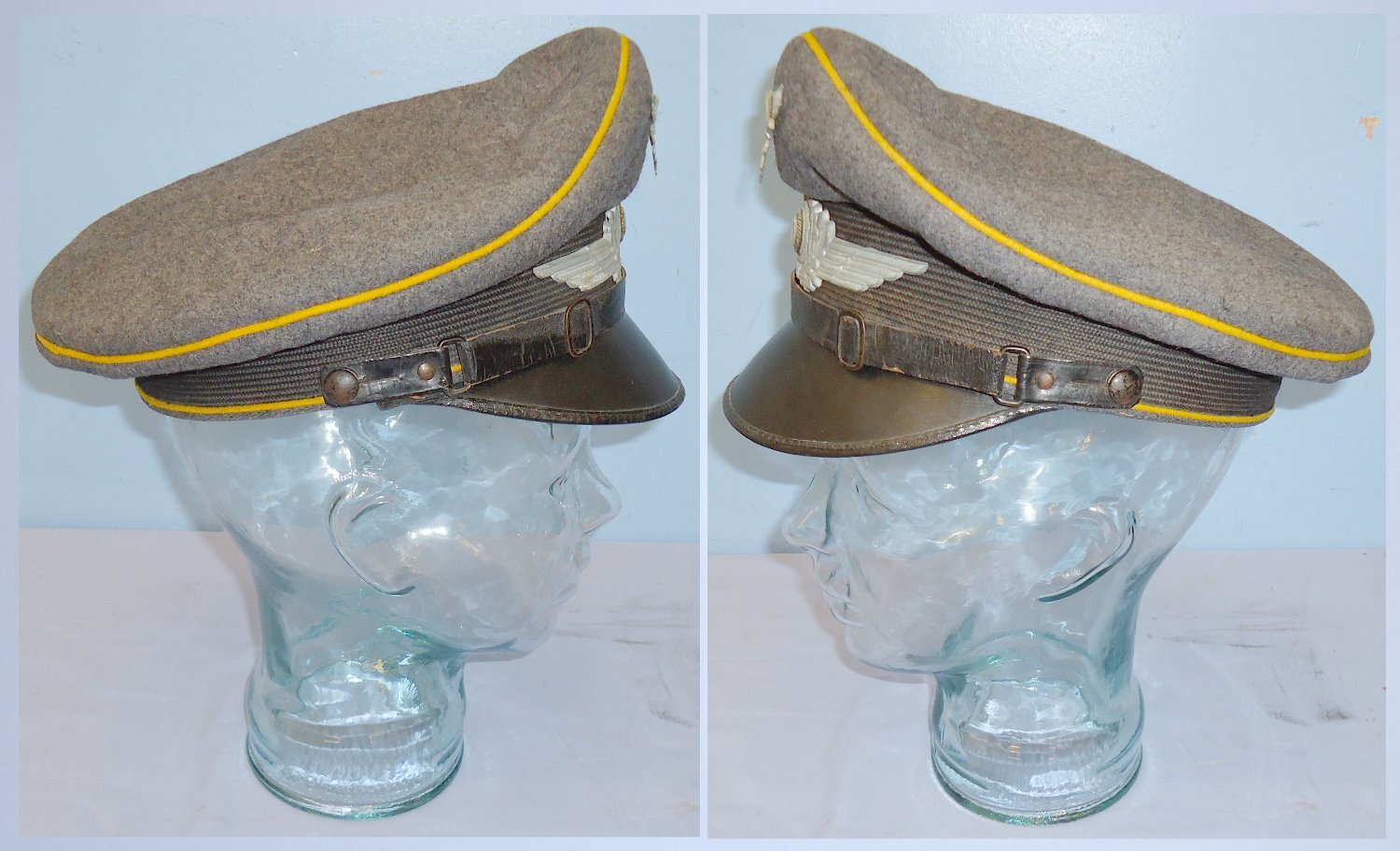 RARE** WW2 Era Nazi German Luftwaffe NCO’s & other Ranks Fliegerblau (Flier’s Blue) Visor Cap Marked to a Luftwaffe Flying School Squadron with White Metal Luftwaffe Eagle & National Cockade Badges. Sn 16435. RARE** WW2 Era Nazi German Luftwaffe NCO’s & other Ranks Fliegerblau (Flier’s Blue) Visor Cap Marked to a Luftwaffe Flying School Squadron with White Metal Luftwaffe Eagle & National Cockade Badges. Sn 16435. Antique & Militaria
