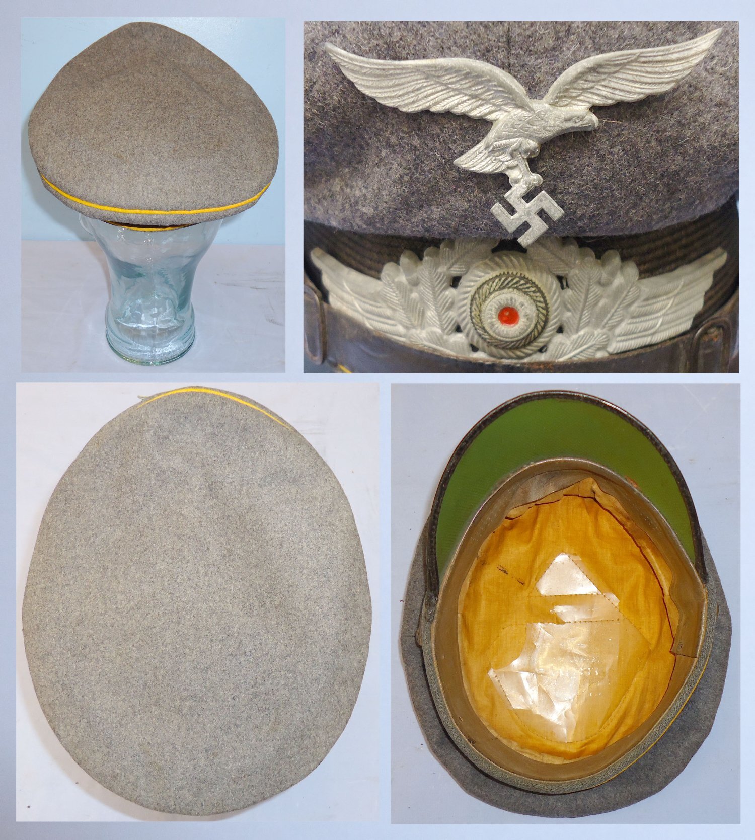  RARE** WW2 Era Nazi German Luftwaffe NCO’s & other Ranks Fliegerblau (Flier’s Blue) Visor Cap Marked to a Luftwaffe Flying School Squadron with White Metal Luftwaffe Eagle & National Cockade Badges. Sn 16435. RARE** WW2 Era Nazi German Luftwaffe NCO’s & other Ranks Fliegerblau (Flier’s Blue) Visor Cap Marked to a Luftwaffe Flying School Squadron with White Metal Luftwaffe Eagle & National Cockade Badges. Sn 16435. Antique & Militaria