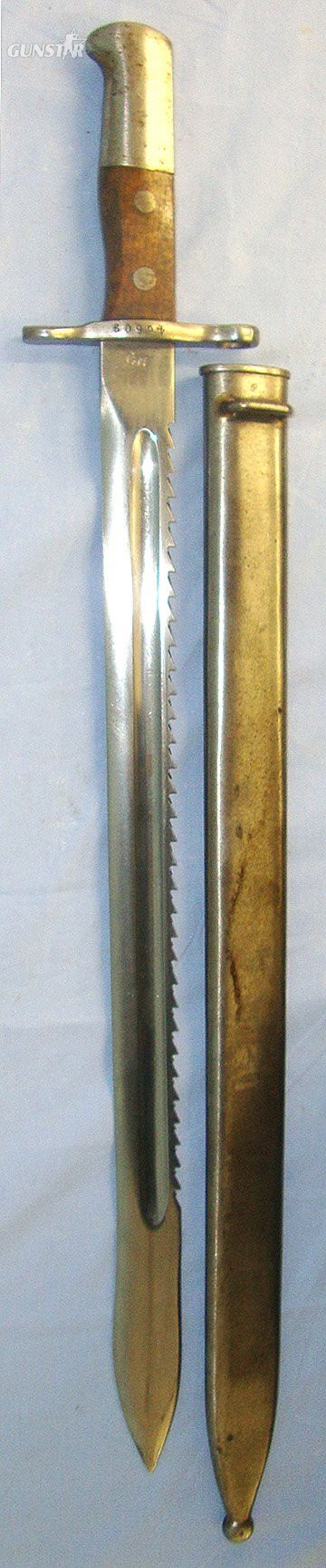  Swiss Army Engineer’s / Pioneer’s Model 1914 Sawback Sword Bayonet For Model 1889 Schmidt Rubin Infantry Rifles By HS (Hans Steimer Wasen) & Swiss Army Marked Steel Scabbard. Sn 23462 Bayonet