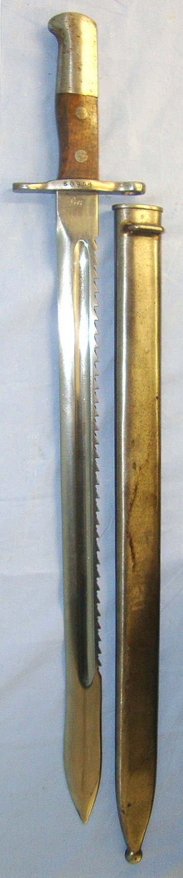  Swiss Army Engineer’s / Pioneer’s Model 1914 Sawback Sword Bayonet For Model 1889 Schmidt Rubin Infantry Rifles By HS (Hans Steimer Wasen) & Swiss Army Marked Steel Scabbard. Sn 23462 Bayonet