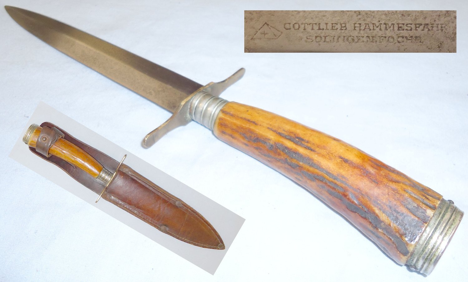 German WWI Trench Knife with Antler Handle and Leather Scabbard by Manufacturer Gottlieb Hammesfahr Solingen Foche. Sn. 5308. Dagger