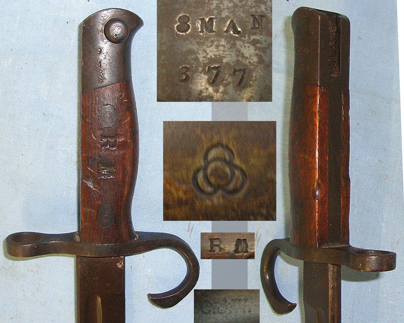 VERY RARE**WW1 Era British Issue Japanese Kokura Arsenal Type 30 Arisaka Rifle Bayonet Regiment Marked ‘8 MAN’ To The 8th Battalion Manchester Regiment & ‘RM’ Royal Marines & U.S. Scabbard With Leather Frog. Sn 23398 Bayonet