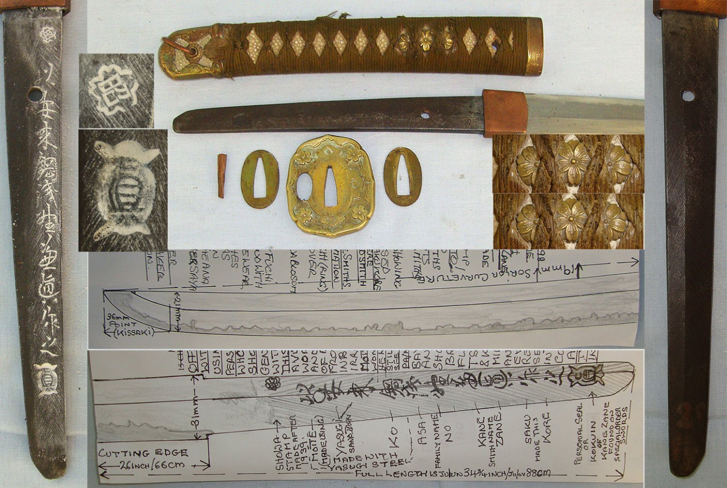 RARE**QUALITY SWORDSMITH**SPECIAL ORDER BLADE**WW2 Japanese Officer’s Type 98 Sword Smith Signed ‘Motte Yasugi Asano Kane Zane Saku Kore’ With Smith’s Hot Stamp Seal, Scabbard & Expert Assessment. Sn 23264 Sword