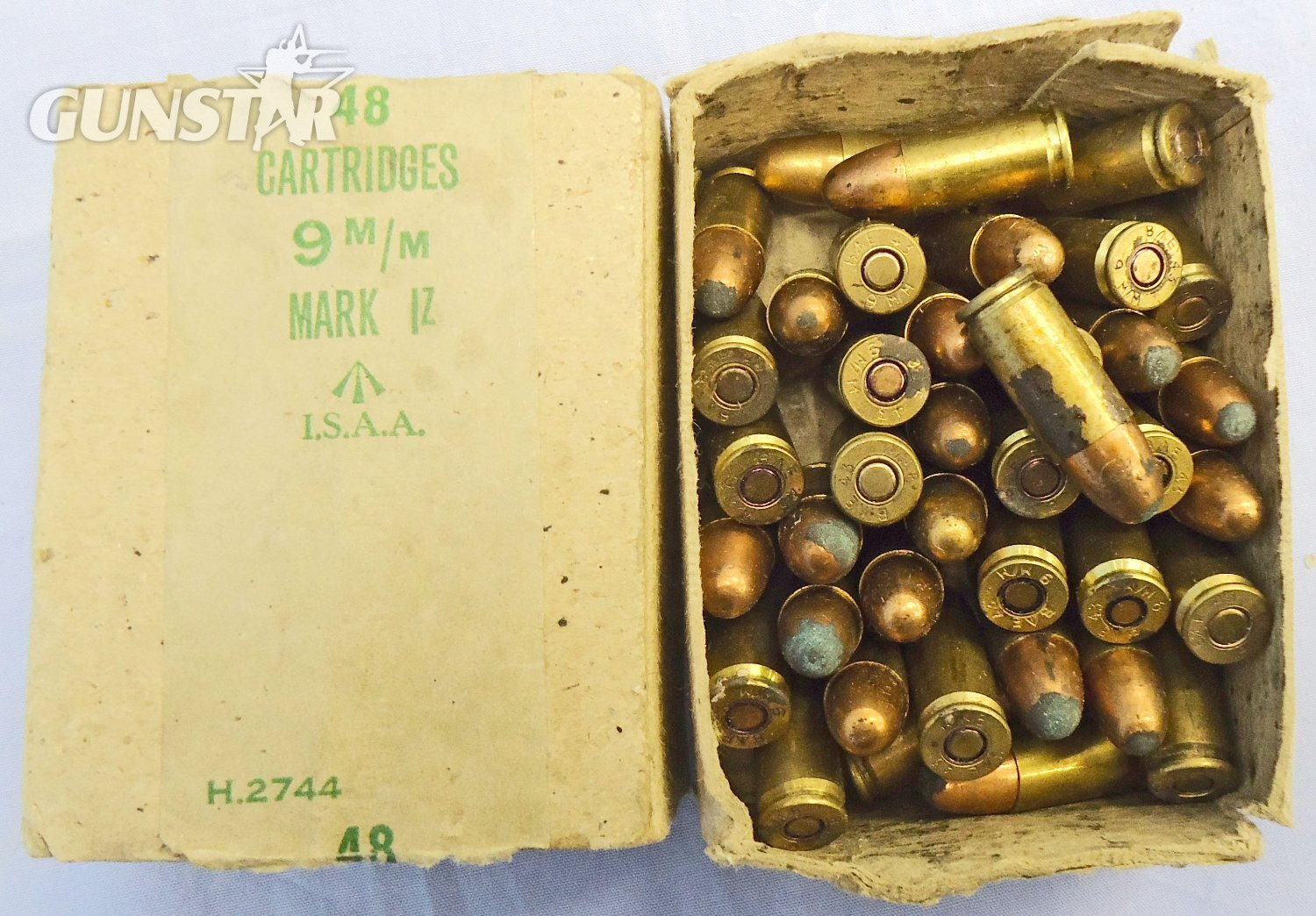 INERT DEACTIVATED. British, 1943 Dated, Original WW2 Service Pack of 48 Inert Unfired 9mm IZ Rounds (38 Rounds in the box) for Sten Guns and High Power Pistols.  INERT DEACTIVATED. British, 1943 Dated, Original WW2 Service Pack of 48 Inert Unfired 9mm IZ Rounds (38 Rounds in the box) for Sten Guns and High Power Pistols.   Other Ammunition in 