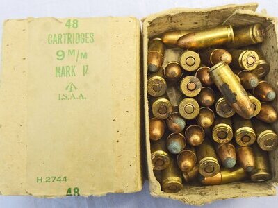 INERT DEACTIVATED. British, 1943 Dated, Original WW2 Service Pack of 48 Inert Unfired 9mm IZ Rounds (38 Rounds in the box) for Sten Guns and High Power Pistols.  INERT DEACTIVATED. British, 1943 Dated, Original WW2 Service Pack of 48 Inert Unfired 9mm IZ Rounds (38 Rounds in the box) for Sten Guns and High Power Pistols.   Other Ammunition