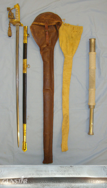 1960 PERSONALLY PRESENTED BY QE II British Royal Navy Officer’s Sword By Gieves With Etched Presentation Panel To Midshipman William David Spence Kay Smith, Scabbard With Covers & Gieves Midshipman’s Telescope With Similar Presentation Inscription Sword in 