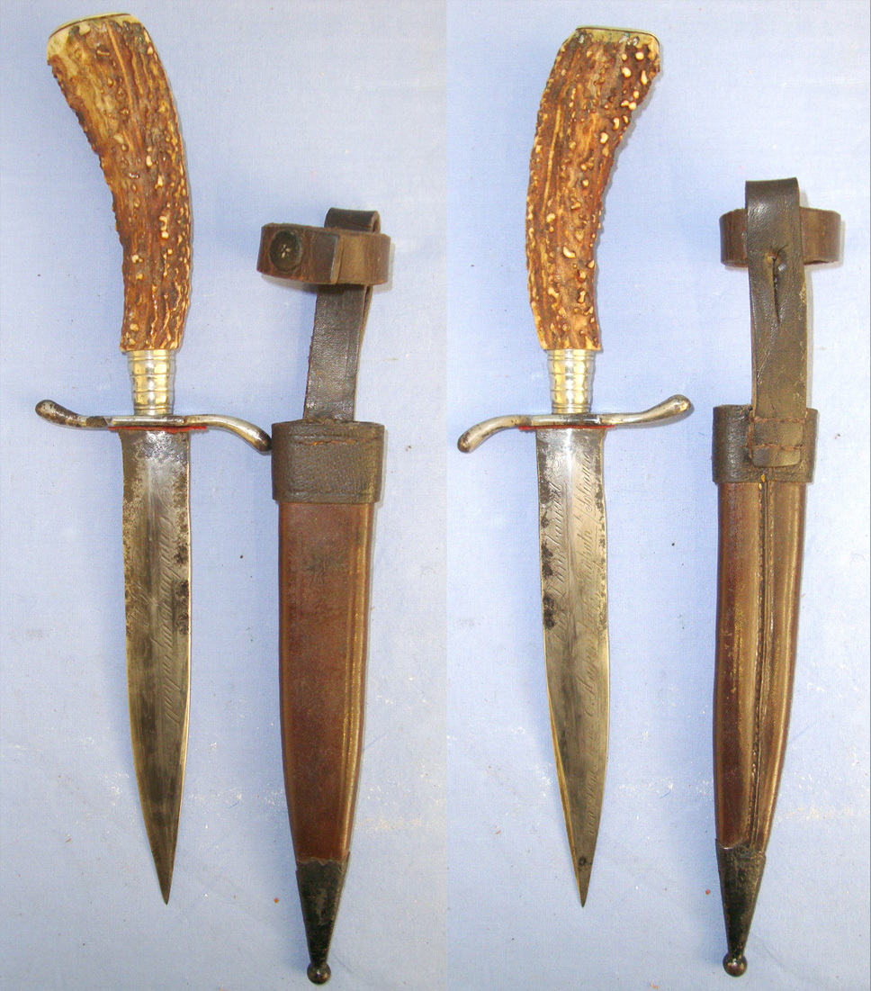 NAMED**WW1 1917 Dated Imperial German Trench/Fighting Knife (Hunting Style Variant) With Stag Antler Hilt, Solingen Addressed Blade Etched To A Named Officer Of The Ordnungsamt Enthalle (Police Public Order Regulatory Office Frankfurt) & Scabbard.  Sn  20 Dagger