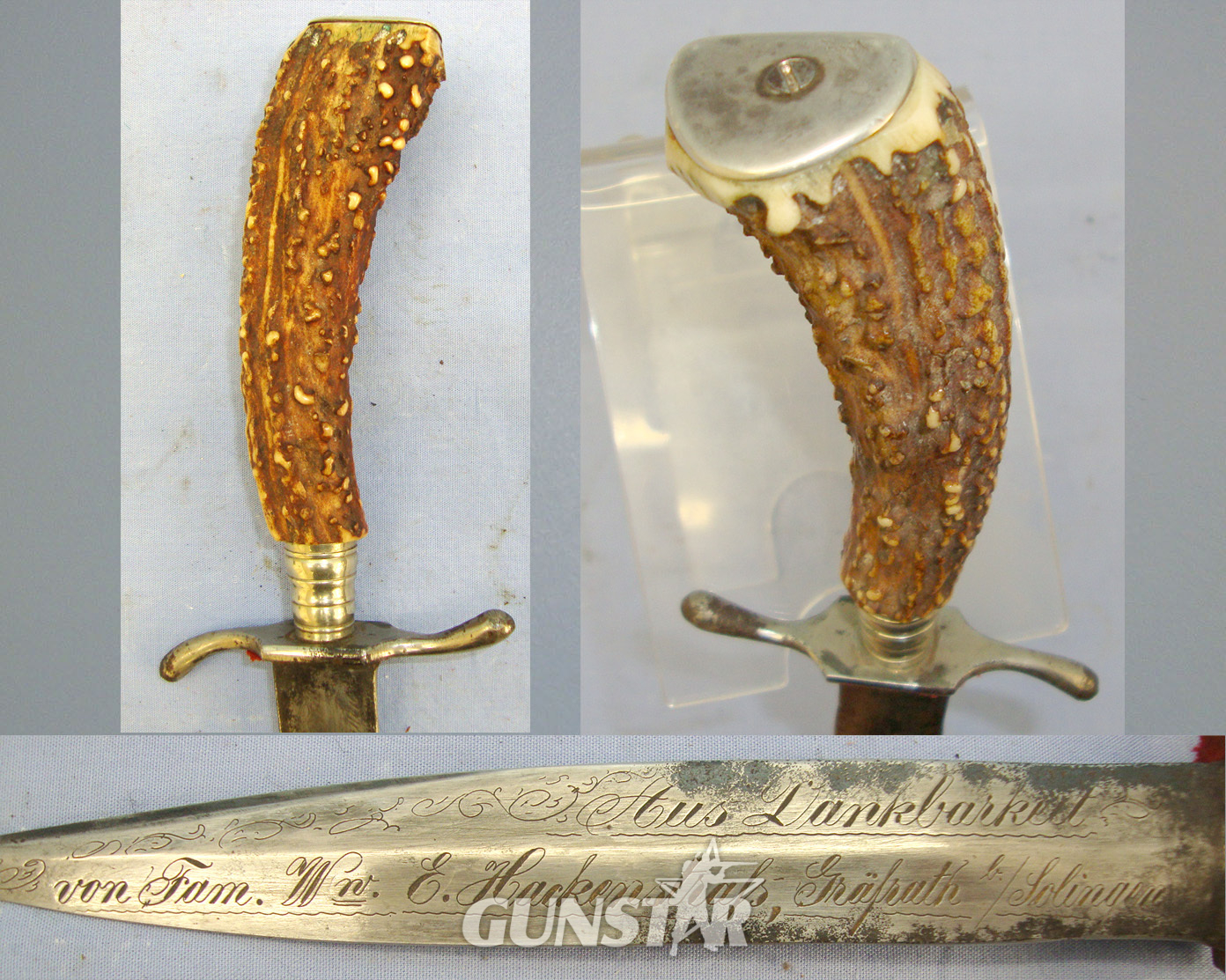 NAMED**WW1 1917 Dated Imperial German Trench/Fighting Knife (Hunting Style Variant) With Stag Antler Hilt, Solingen Addressed Blade Etched To A Named Officer Of The Ordnungsamt Enthalle (Police Public Order Regulatory Office Frankfurt) & Scabbard.  Sn  20 Dagger