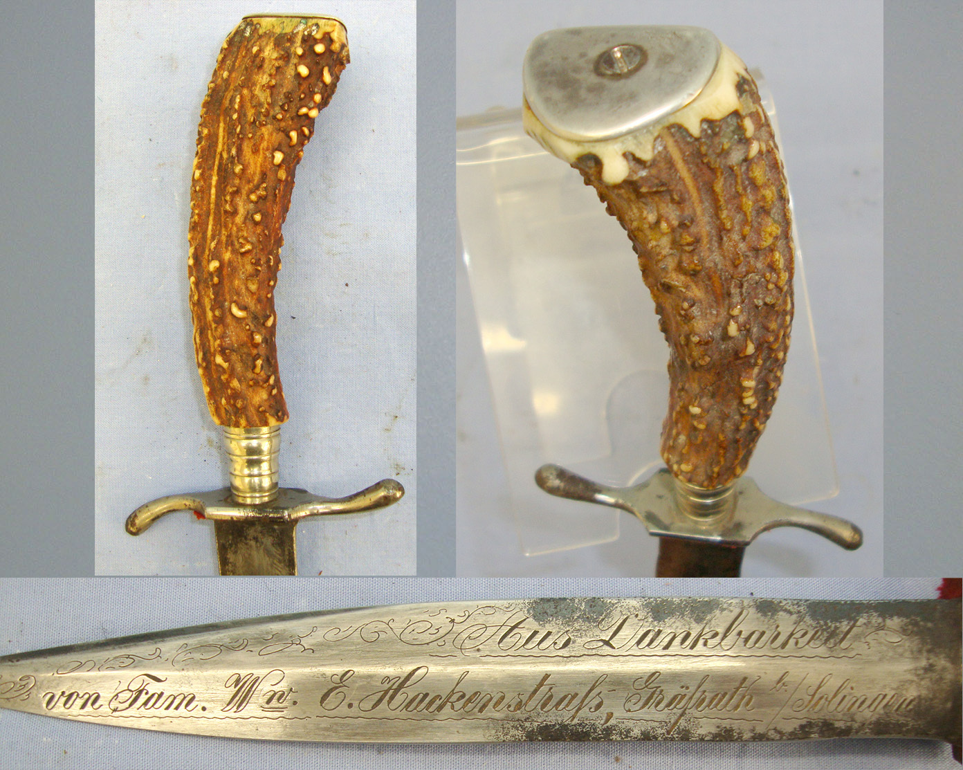 NAMED**WW1 1917 Dated Imperial German Trench/Fighting Knife (Hunting Style Variant) With Stag Antler Hilt, Solingen Addressed Blade Etched To A Named Officer Of The Ordnungsamt Enthalle (Police Public Order Regulatory Office Frankfurt) & Scabbard.  Sn  20 Dagger