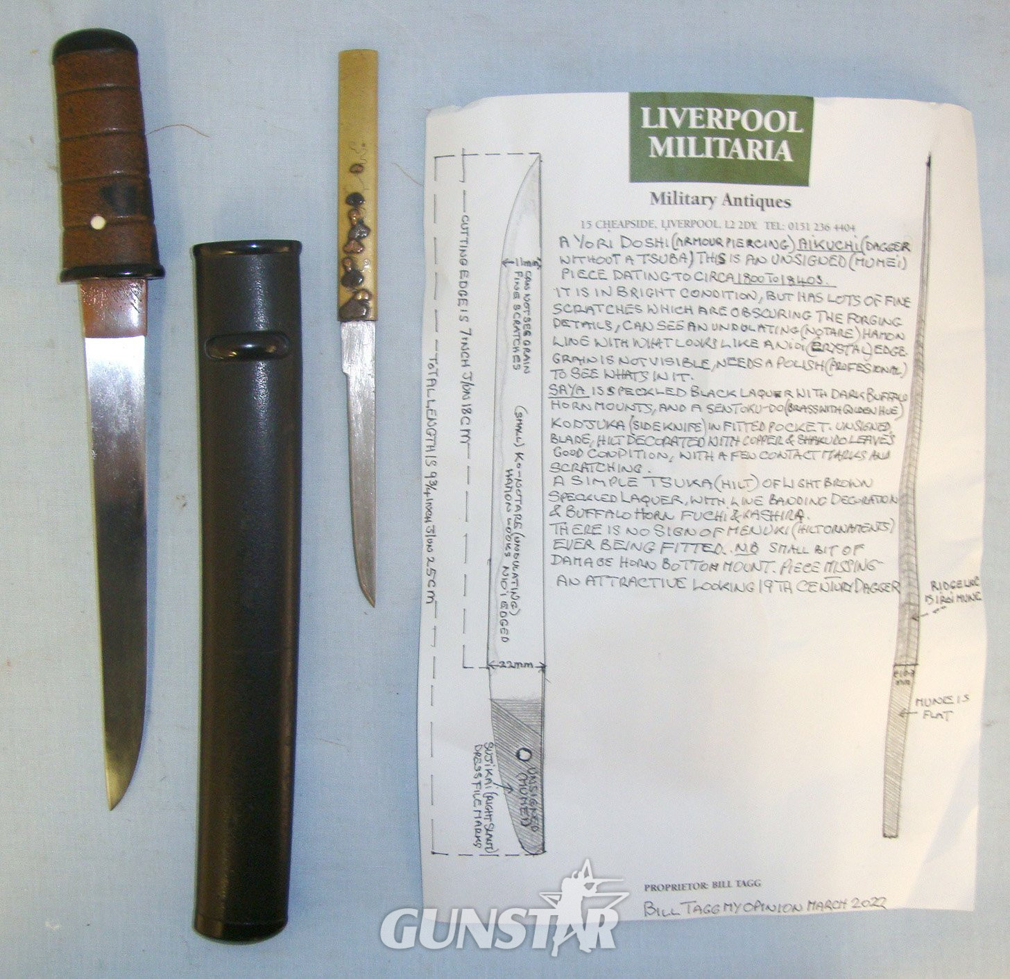 C1800 – 1840’s Japanese Yori Doshi (Armour Piercing) Aikuchi (Dagger Without Tsuba), Scabbard & Kodjuka (Side Knife) & Expert Assessment. Sn 19377:7 Knive in 