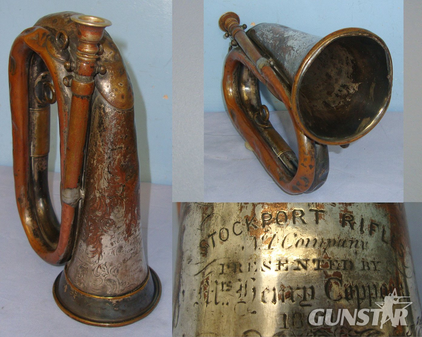 UNIQUE**Victorian 1860 Dated British 17th Company Stockport Rifle Volunteers (Stockport Rifles) Nickel Plated Brass Regiment Bugle By Distin London Inscribed ‘Presented By Mrs Henry Coppock 1860’ (The Wife Of Its first commanding Officer Capt Coppock)  Antique & Militaria