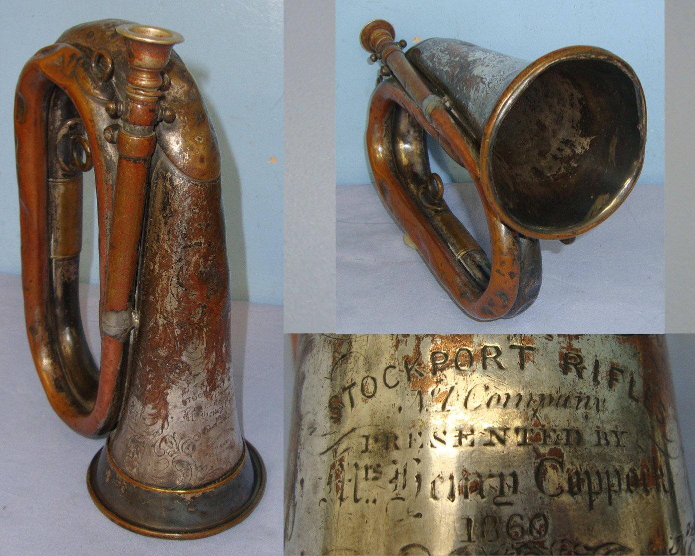 UNIQUE**Victorian 1860 Dated British 17th Company Stockport Rifle Volunteers (Stockport Rifles) Nickel Plated Brass Regiment Bugle By Distin London Inscribed ‘Presented By Mrs Henry Coppock 1860’ (The Wife Of Its first commanding Officer Capt Coppock)  Antique & Militaria