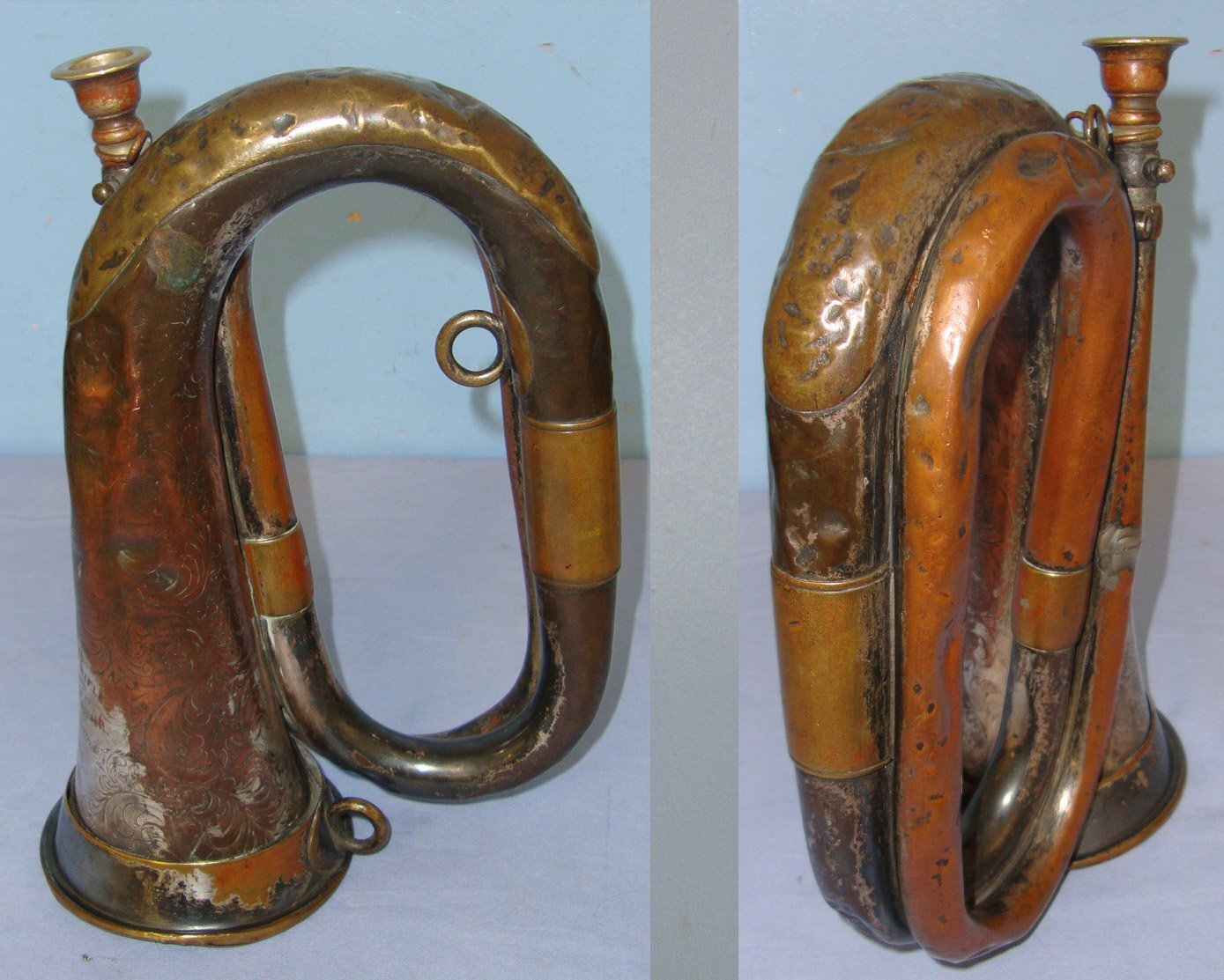 UNIQUE**Victorian 1860 Dated British 17th Company Stockport Rifle Volunteers (Stockport Rifles) Nickel Plated Brass Regiment Bugle By Distin London Inscribed ‘Presented By Mrs Henry Coppock 1860’ (The Wife Of Its first commanding Officer Capt Coppock)  Antique & Militaria