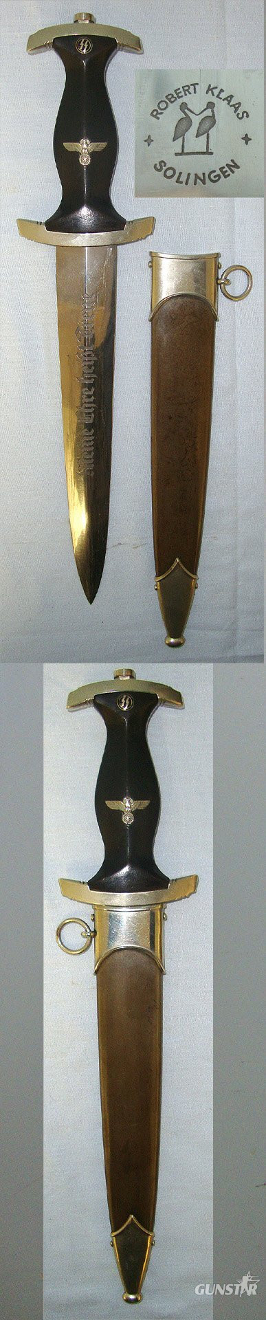 RAREST MAKER OF 1933 PATTERN SS DAGGERS**ORIGINAL**EARLY PRODUCTION**WW2 Era Nazi German Robert Klaas Solingen 1933 Pattern SS Man’s Dagger Unit Marked ‘I’ To (SS Group Munich) Motto Etched Blade & Scabbard. Sn 23246 Dagger in 