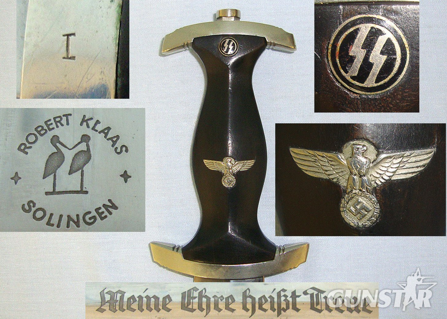 RAREST MAKER OF 1933 PATTERN SS DAGGERS**ORIGINAL**EARLY PRODUCTION**WW2 Era Nazi German Robert Klaas Solingen 1933 Pattern SS Man’s Dagger Unit Marked ‘I’ To (SS Group Munich) Motto Etched Blade & Scabbard. Sn 23246 Dagger