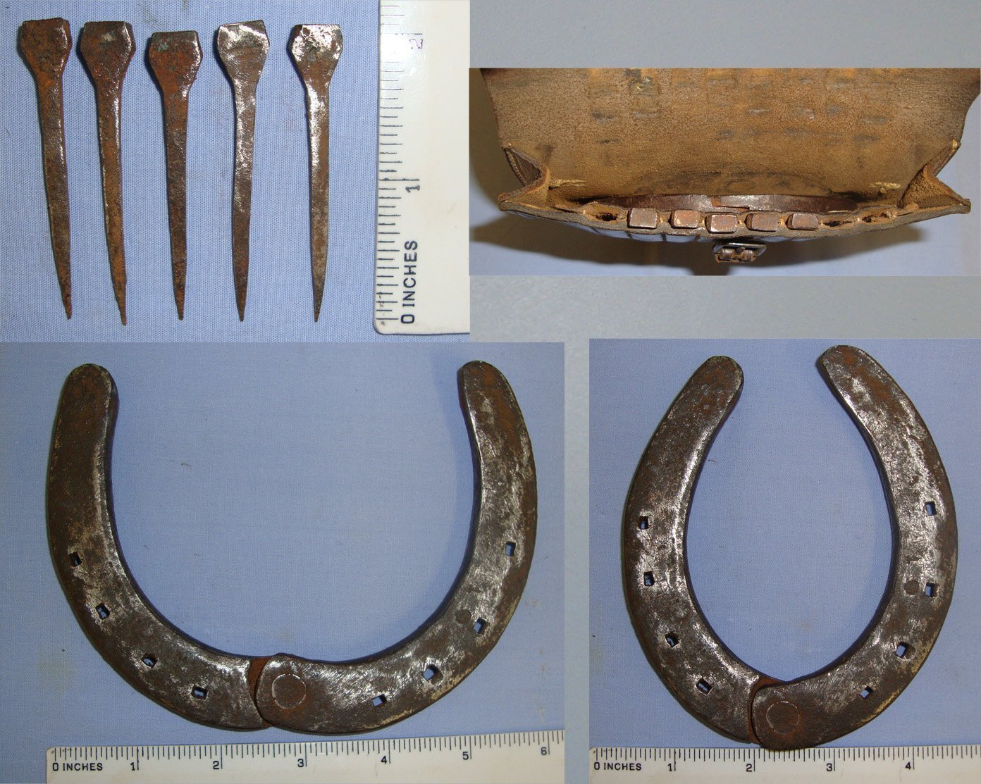 Boer War & WW1 Era British Cavalry Officer’s Leather Spare Horseshoe Carrier With Emergency Field Repair Adjustable Hinged Iron Horseshoe & 5 Period Iron Horseshoe Nails. Sn 21382  Antique & Militaria