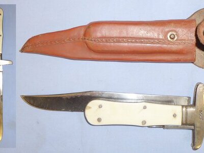 Victorian Folding Bowie Knife Polished Bone Grip and Leather Sheath. 22330. Hunting Knive