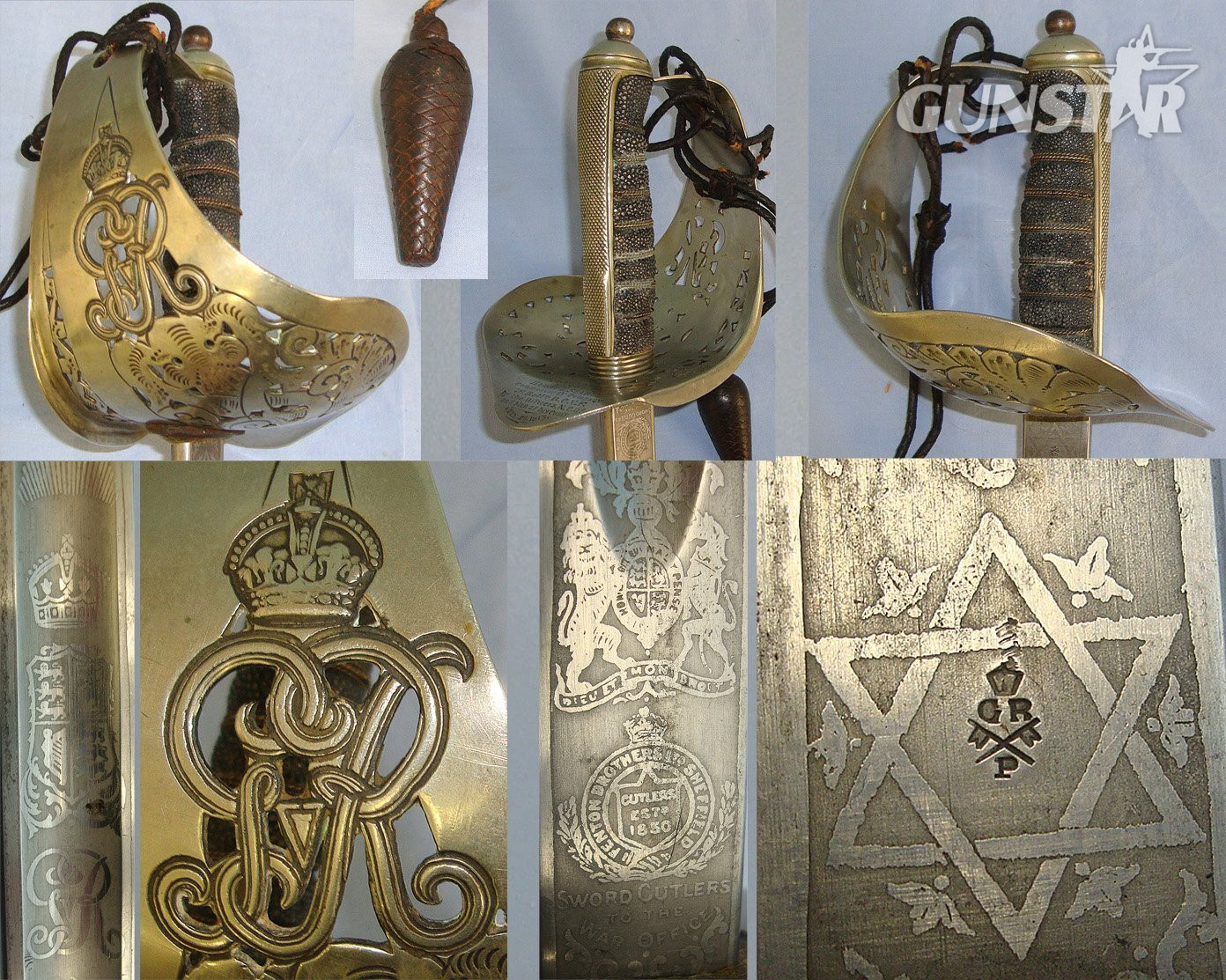 NAMED**British WD WW1 1915 George V 1897 Pattern British Fenton Brothers Sheffield Presentation Sword With Blued & Etched Blade To ‘Harry L. Searle, Commander D' Company, 1st Battn. B.C.V.F, Cord, Acorn Knot & Leather Field Scabbard & Sam Browne Frog. S Sword