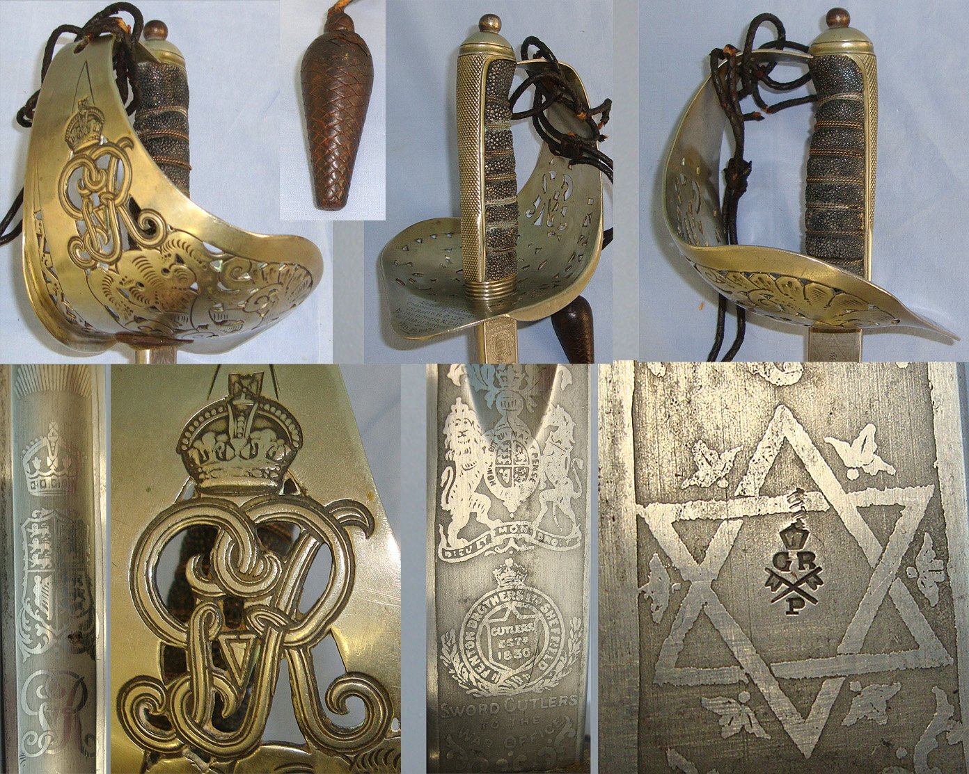 NAMED**British WD WW1 1915 George V 1897 Pattern British Fenton Brothers Sheffield Presentation Sword With Blued & Etched Blade To ‘Harry L. Searle, Commander D' Company, 1st Battn. B.C.V.F, Cord, Acorn Knot & Leather Field Scabbard & Sam Browne Frog. S Sword