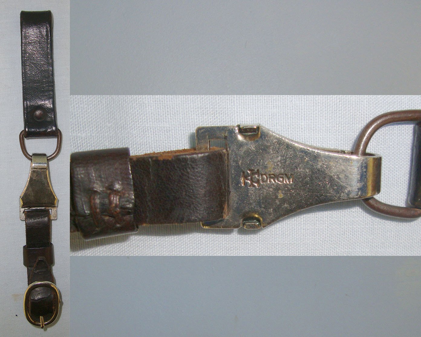 ORIGINAL**EARLY**RARE**WW2 Era Nazi German 1933 Pattern SS Man’s & NSKK Daggers ‘Double’ 2 Piece Black Leather Belt Hanger With Nickel Plated Buckle & DRGM Marked Sprung Clip By ‘A’ (F. W. Assmann & Söhne of Lüdenscheid). Sn 23247:1 Dagger