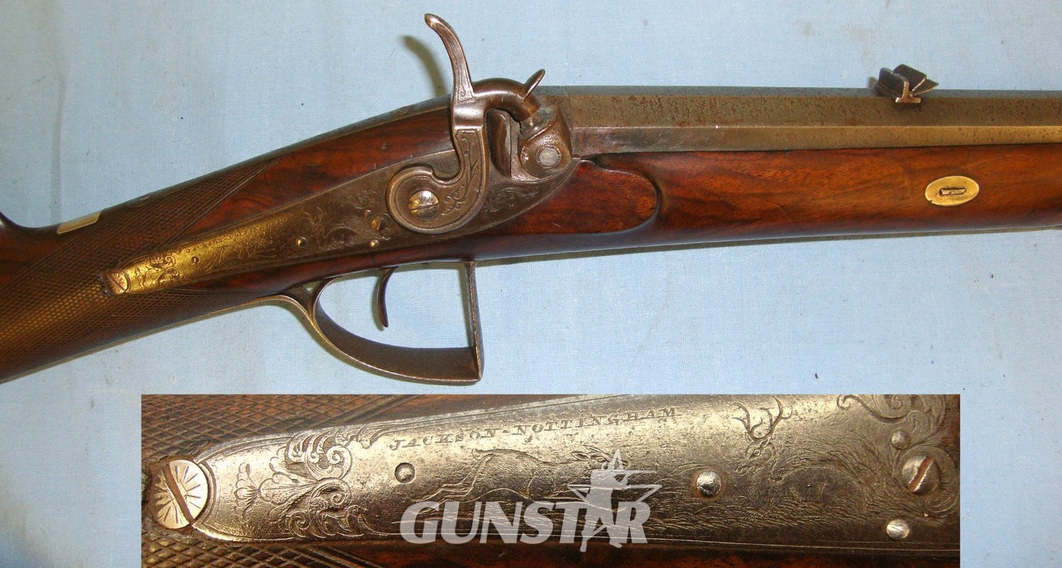 Victorian English Jackson Nottingham 18 Bore, Belted Ball, Percussion Deer Hunting / Sporting Rifle  With Octagonal Barrel, Removable Brass Muzzle Stopper & Period Leather Sling. Sn 15815 Muzzleloader 16 Bore/gauge Rifle