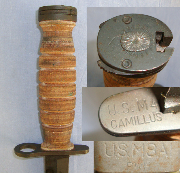 MINT**UN-ISSUED**WW2 U.S. Army M4 Knife Bayonet By Camillus (Cutlery Co New York) For M1 Carbines & M8A1 Scabbard By PWH (Pennsylvania Working Home For The Blind) Fitted With Thigh Cord Bayonet