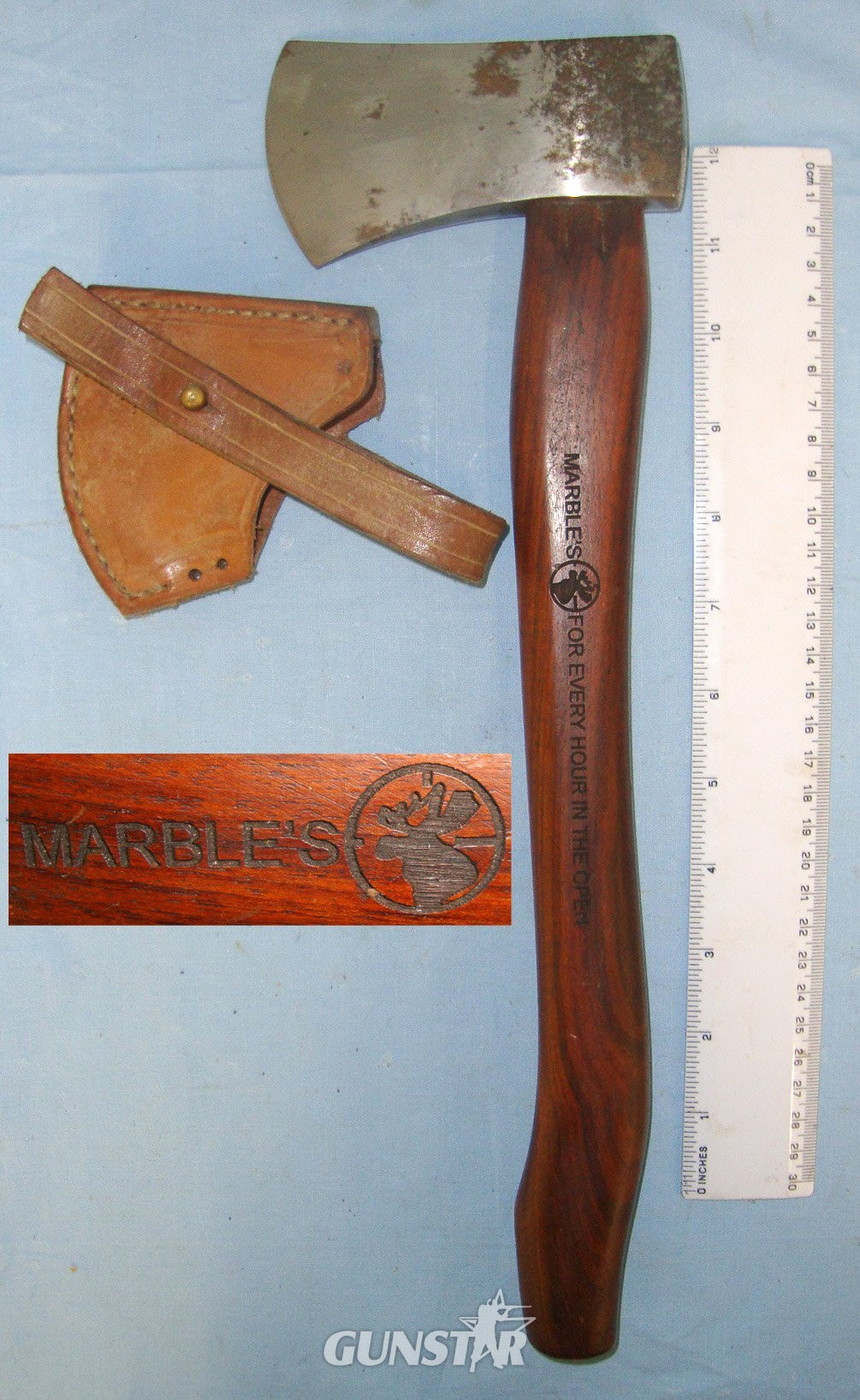 C1960’s American Marble’s No.9 ‘For Every Hour In The Open’ Outdoorsman’s Belt Axe With Leather Axe Head Cover. ED 2412 Other Blade in 