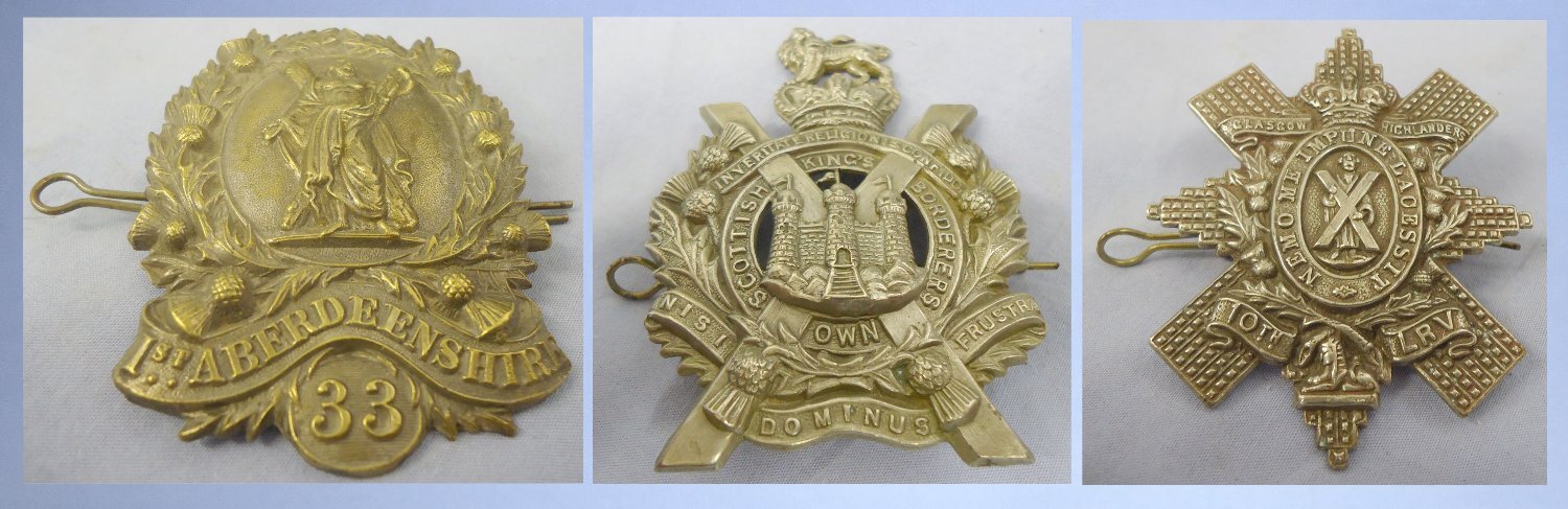 Set of 3* 1st Aberdeenshire Rifle Volunteers (33) Shako Badge, Kings Own Scottish Borderers Cap Badge and 10th Lanarkshire (Glasgow Highland) Rifle Volunteers Victorian Glengarry Cap Badge. BA 899. Set of 3* 1st Aberdeenshire Rifle Volunteers (33) Shako Badge, Kings Own Scottish Borderers Cap Badge and 10th Lanarkshire (Glasgow Highland) Rifle Volunteers Victorian Glengarry Cap Badge. BA 899.  Antique & Militaria
