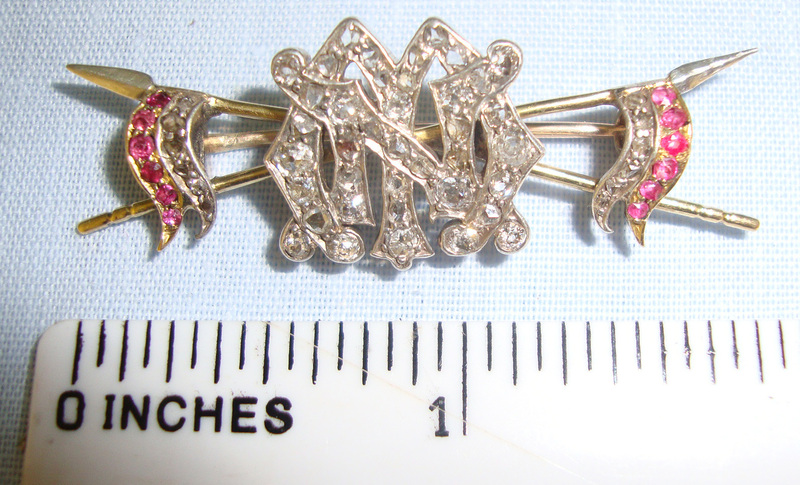 Boxed, Victorian Gold, Platinum, Cut Diamonds & Rubies Sweetheart Broach With Stylised Monogram ‘MN’ Reputedly To An Officer By the Name Of Nolan Serving With The British Light Brigade Antique & Militaria