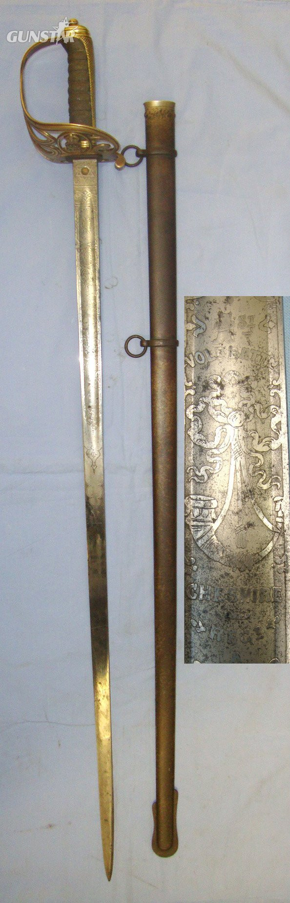 1901-1910 Victorian British Edward VII 1st Volunteer Battalion Cheshire Regiment 1822 Pattern Infantry Officer’s Sword With Etched & Blue Blade By Hobson & Sons, London, Brass Gothic Style Pierced Basket Hilt & Scabbard. Sn 22426:59 Sword in 