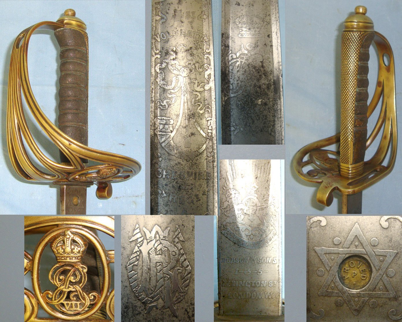 1901-1910 Victorian British Edward VII 1st Volunteer Battalion Cheshire Regiment 1822 Pattern Infantry Officer’s Sword With Etched & Blue Blade By Hobson & Sons, London, Brass Gothic Style Pierced Basket Hilt & Scabbard. Sn 22426:59 Sword